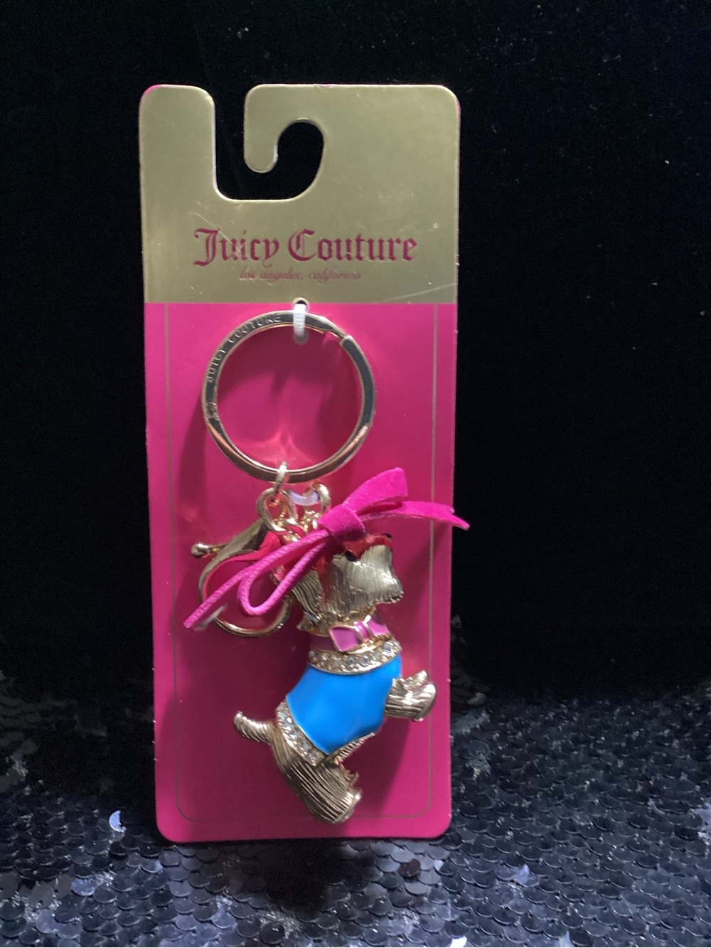 Juicy Couture Gold Dog Keychain with Pink Bow & Blue Sweater
